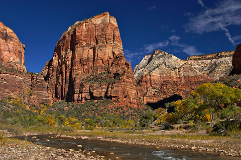 The Virgin River, Angels Landing, and Observation Point. Zion National Park - October 29, 2006.