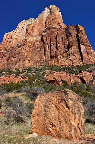 Isaac and a large boulder. Zion National Park - March 17, 2004.