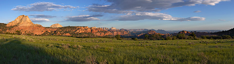 Pine Valley Peak and North Guardian Angel, with the Towers of the Virgin in the distance. Zion National Park - May 29, 2005.
