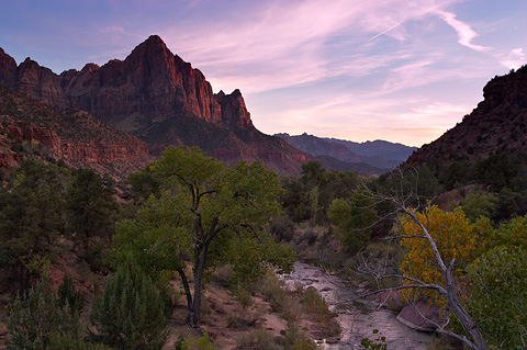 Sunset on The Watchman, and the Virgin River. Zion National Park - October 8, 2004.